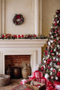christmas scene with fireplace and christmas tree