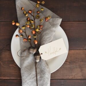 table setting for Thanksgiving with plate, napkin and decorative berries